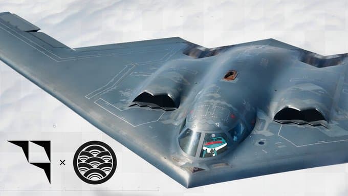 Kinetiq × Groom Lake announcement image: a stealth bomber above the clouds with both marks