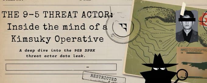 Article cover: “The 9-5 Threat Actor: Inside the mind of a Kimsuky Operative”, styled as a restricted case file