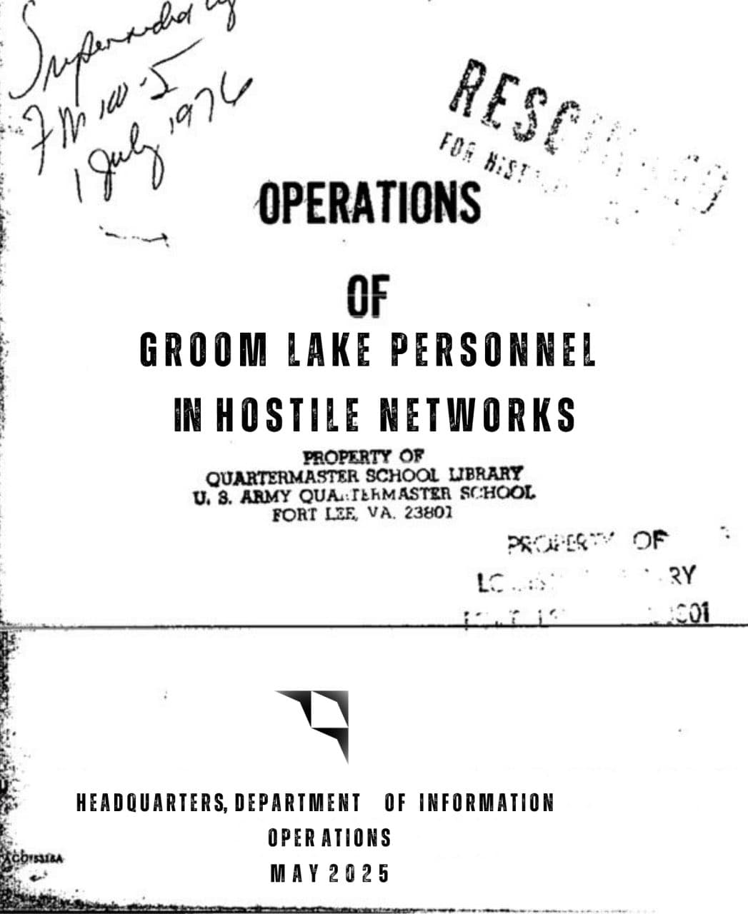 Document cover styled as a 1970s US Army field manual: “Operations of Groom Lake Personnel in Hostile Networks”, Headquarters, Department of Information Operations, May 2025