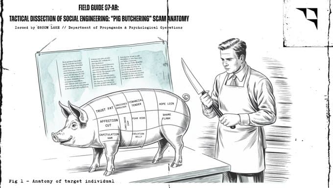 Groom Lake “Field Guide 07-AB: Tactical dissection of social engineering, ‘pig butchering’ scam anatomy”: a butcher beside a pig diagram with cuts labelled trust, affection and capitulation
