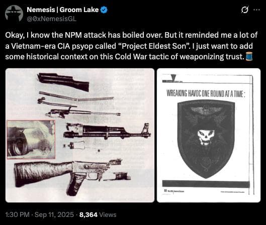 The post on X from Nemesis | Groom Lake: “Okay, I know the NPM attack has boiled over. But it reminded me a lot of a Vietnam-era CIA psyop called ‘Project Eldest Son’…”, with archival images