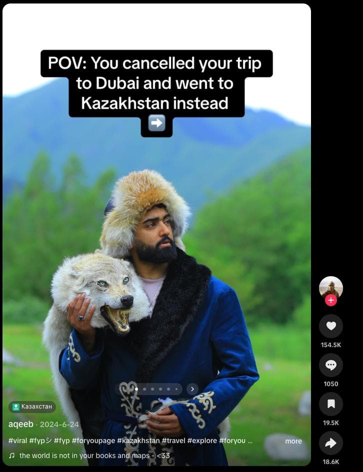 TikTok photo post by aqeeb: “POV: You cancelled your trip to Dubai and went to Kazakhstan instead”, Aqeeb in a fur hat holding a wolf pelt