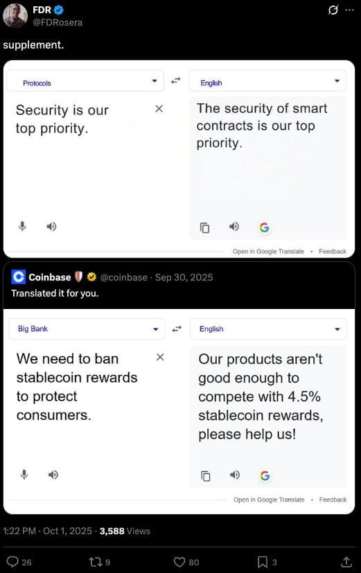 FDR’s post on X, “supplement.”, quoting Coinbase’s “Translated it for you”: Google Translate panels rendering “Security is our top priority” from “Protocols” and “We need to ban stablecoin rewards” from “Big Bank”