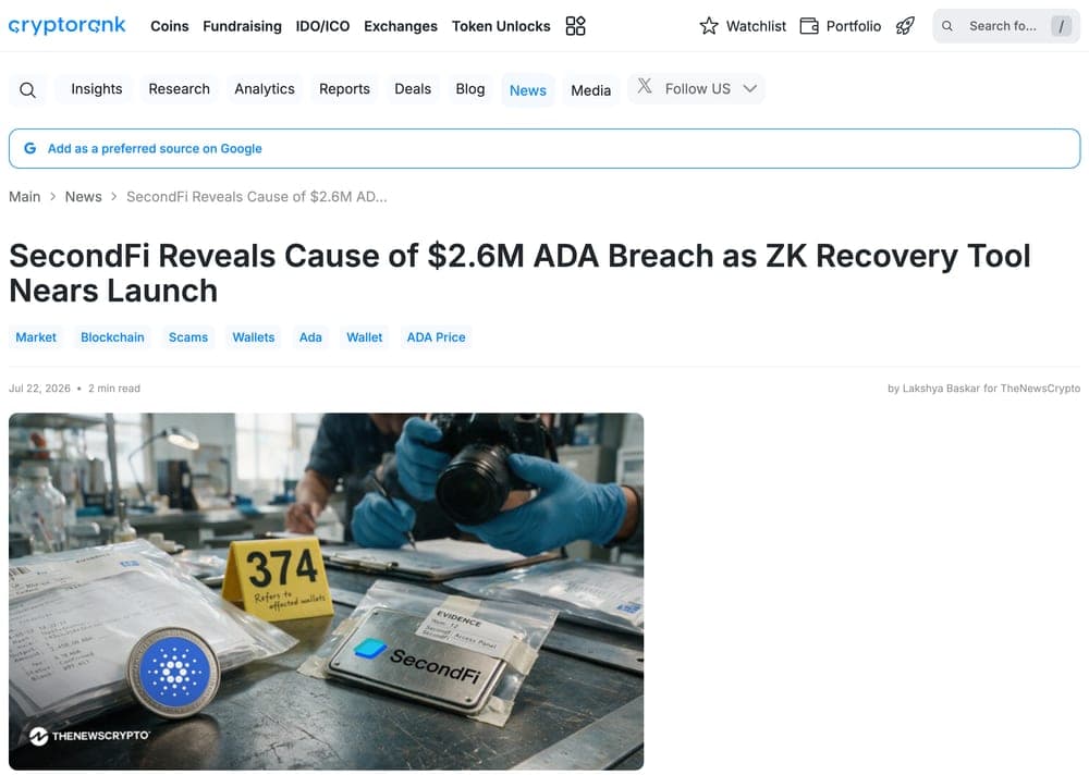 CryptoRank article page: “SecondFi Reveals Cause of $2.6M ADA Breach as ZK Recovery Tool Nears Launch”, 22 July 2026, with an evidence-bag photograph