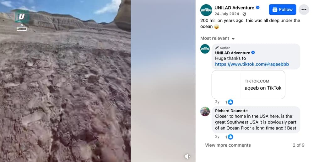 UNILAD Adventure reel on Facebook, 24 July 2024, with the author’s comment thanking @aqeebbb on TikTok