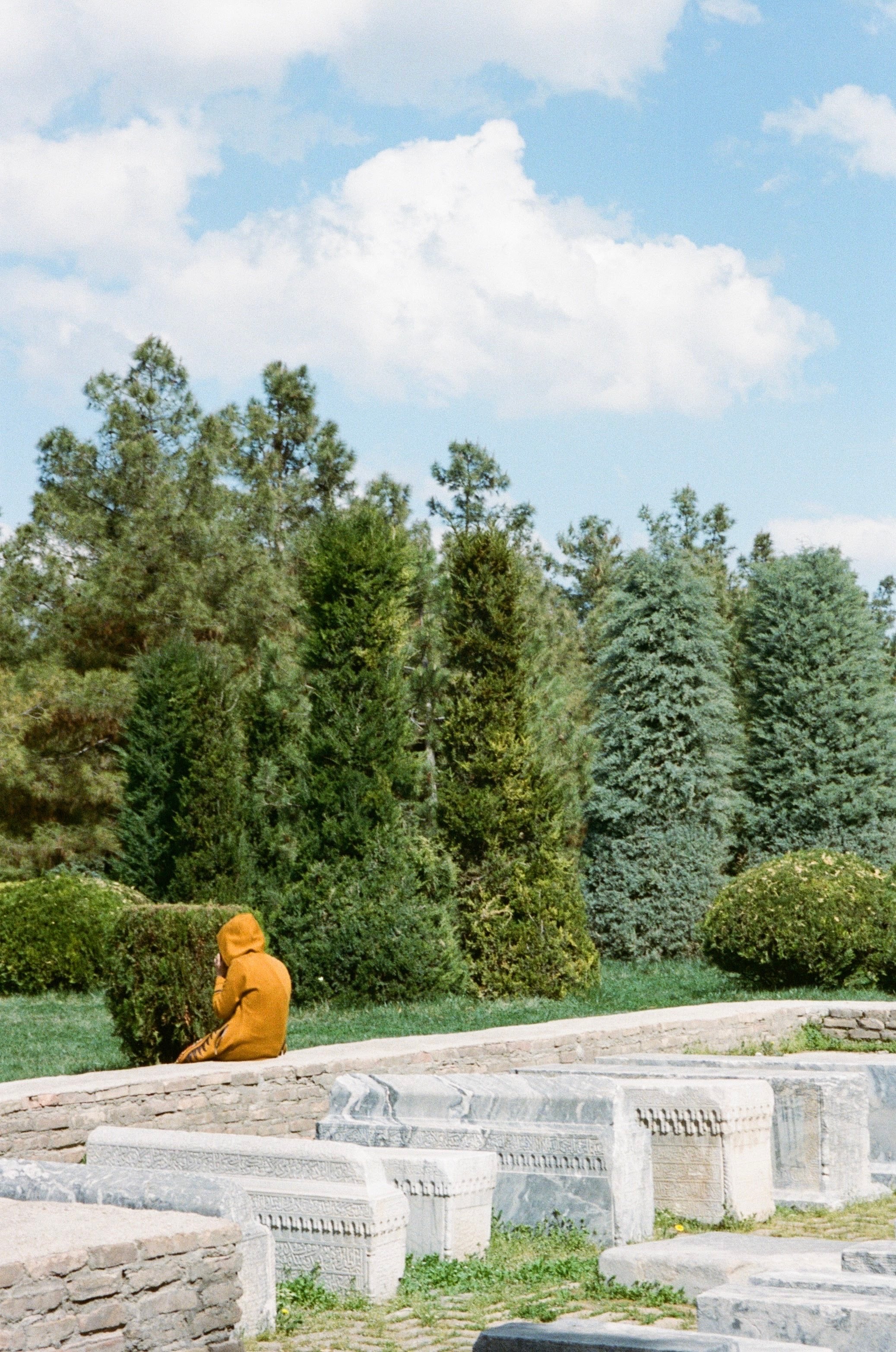 A figure in orange among evergreens and pale stones